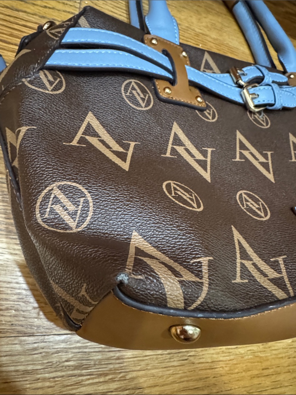 Adrienne Vittadini Brown Satchel with Sky Blue Trim - Picture 9 of 11